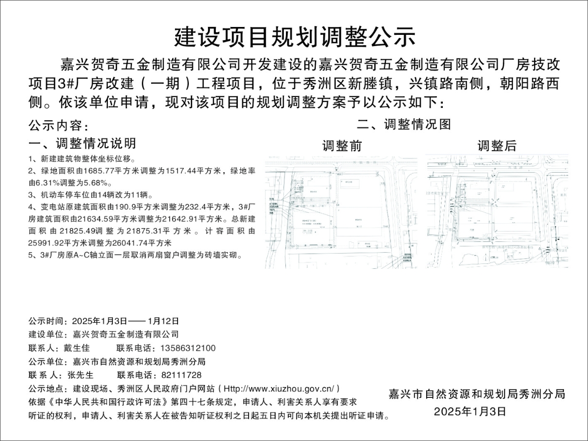 嘉興賀奇五金制造有限公司申請辦理的嘉興賀奇五金制造有限公司廠房技改項目3#廠房改建（一期）的規(guī)劃工程調(diào)整批前公示.jpg